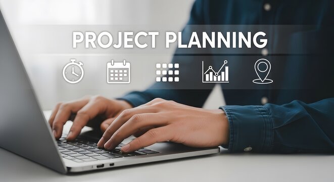 Professional works on project planning with a laptop, using digital planning icons to develop strategy, scheduling, and successful project management.