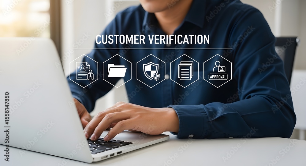 Aufkleber man uses a laptop for customer verification, showcasing security and approval processes with documen