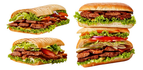 Delicious assortment of fresh gourmet sandwiches with meat and vegetables, Isolated on Transparent, white background