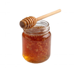 A jar of natural honey with a wooden dipper, showcasing the rich amber color and texture of the sweet syrup, perfect for culinary uses or health benefits.