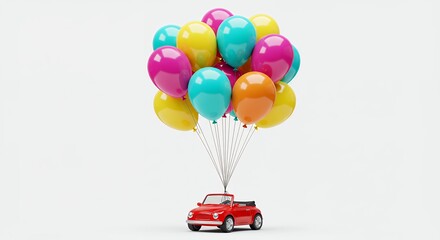 Colorful balloons lift red car