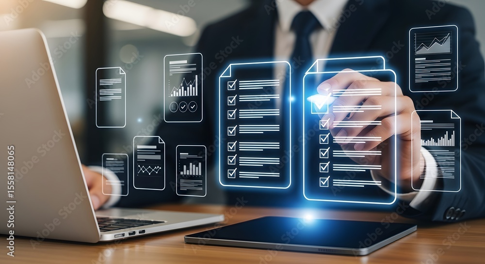 Poster businessman managing documents with laptop and tablet demonstrates data management, optimizing workf