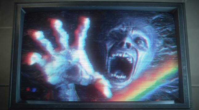 TV Screen Spectral Scream: A chilling, spectral figure emerges from a vintage television screen, its form distorted by the retro display. Capturing a sense of dread and the uncanny