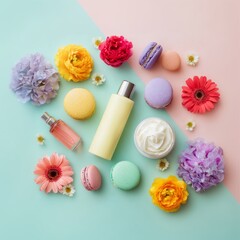 Floral and Culinary Delight: A visually stunning composition of vibrant, colorful flowers artfully arranged with delicate macarons and beauty products, invoking a sense of luxury, freshness.