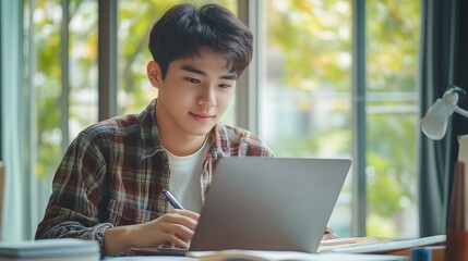 A young Asian student studying at home with a laptop and notes, online learning setup, bright environment, e-learning concept.