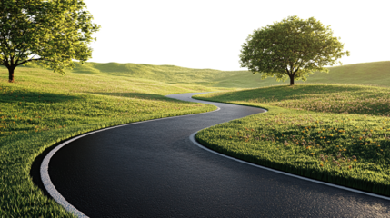 Empty asphalt country road winding through green summer landscape under wide transparent sky above. PNG