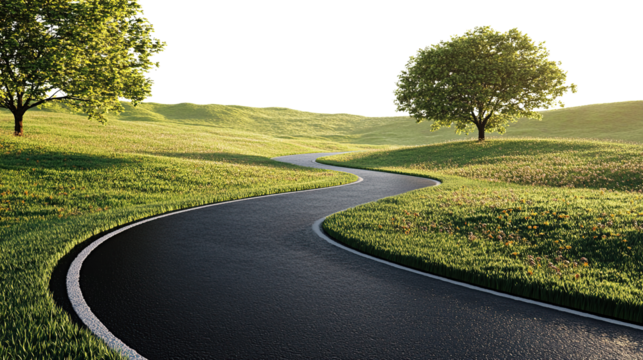 Empty asphalt country road winding through green summer landscape under wide transparent sky above. PNG