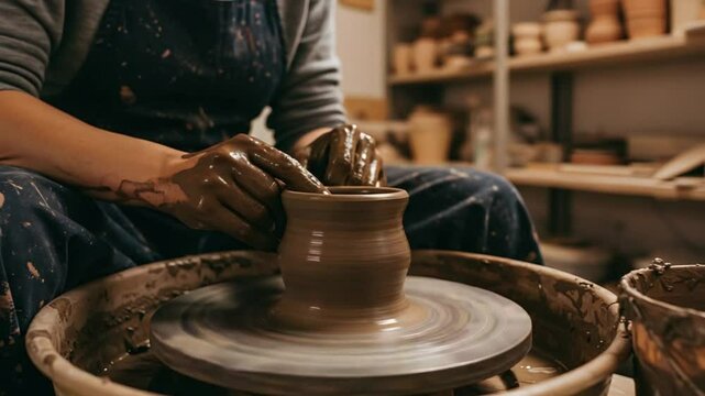 Potter shaping clay pot on wheel, pottery studio background