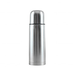 A sleek, stainless steel thermos on a white isolated background, perfect for keeping beverages hot or cold during outings, work, or travel.