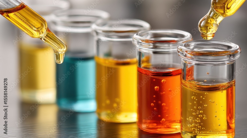 Poster various colored liquids are contained in glass vials while a dropper releases droplets of a golden l