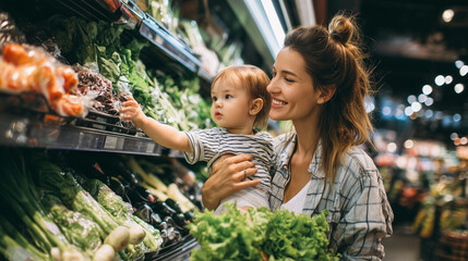 A mother shopping for fresh vegetables in a supermarket while carrying her child, family lifestyle, healthy food choices, daily routine, caring parent, grocery shopping scene.