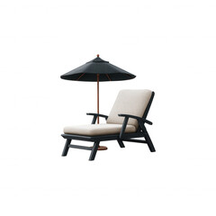 A stylish lounge chair with a beige cushion and a black umbrella, perfect for relaxation by the pool or beach, set against a white isolated background.