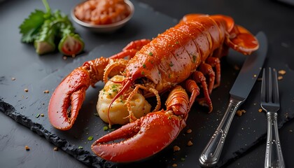 Boiled Lobster Seafood Set on Black Stone