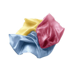 A vibrant arrangement of silk fabric in colors blue, yellow, and red, showcasing smooth textures and rich hues, perfect for fashion or design backgrounds.