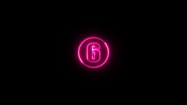 Glowing neon circle and number 7 animation on a black background. Abstract glowing neon number "6'' animation.