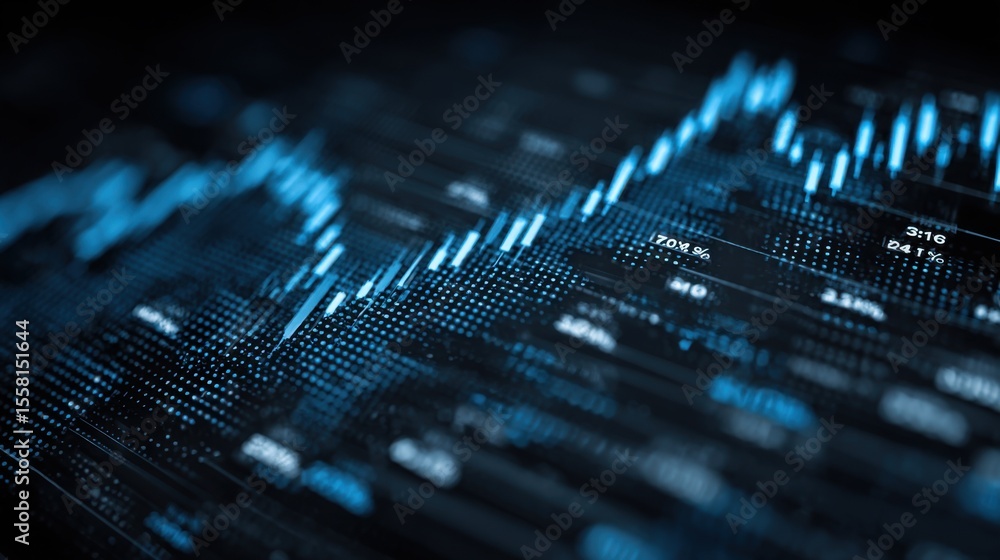 Poster intricate patterns reveal financial data trends with glowing elements on a dark backdrop. the vibran
