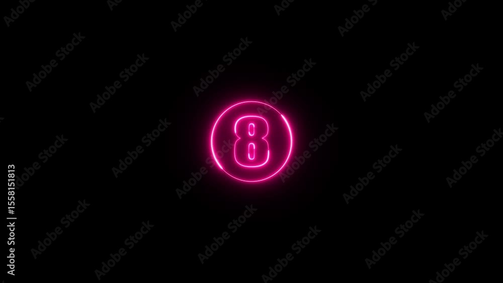 Poster glowing neon circle and number 8 animation on a black background. abstract glowing neon number 