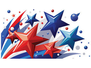 Dynamic red and blue stars exploding with streaks and bubbles isolated on white background
