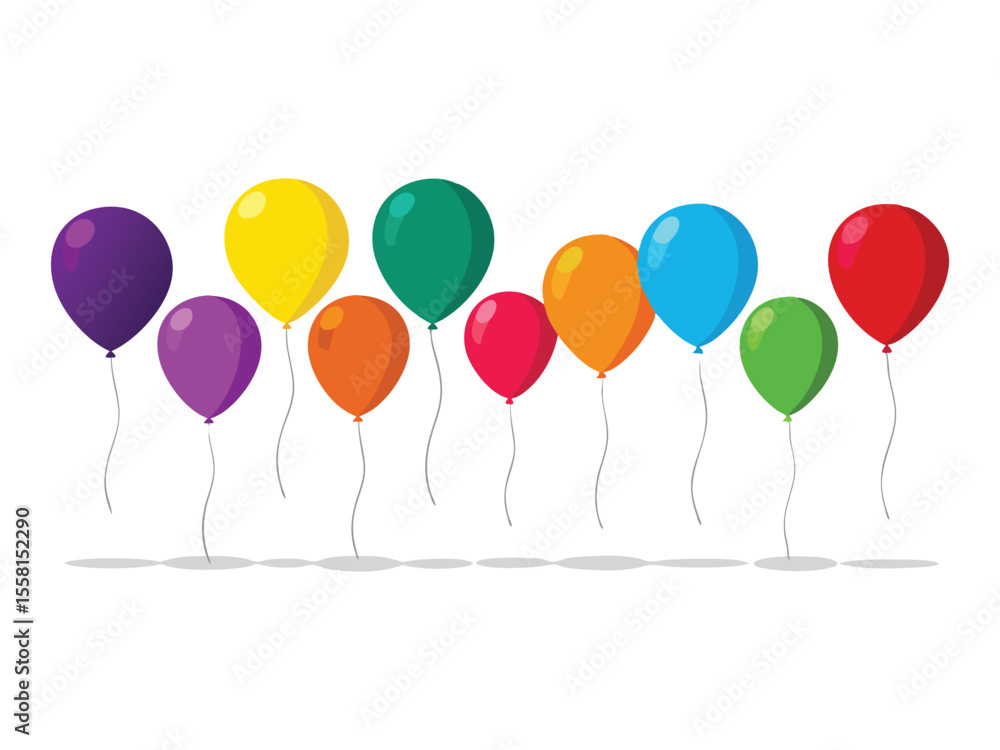 Poster a collection of colorful balloons floating and casting shadows on a white background isolated on whi