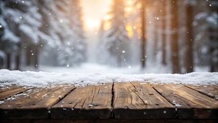 Wooden table covered in snow in a winter forest with falling snowflakes