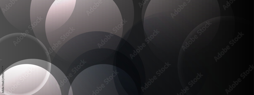 Poster overlapping translucent gray circles on black background. suitable for tech presentations, abstract 