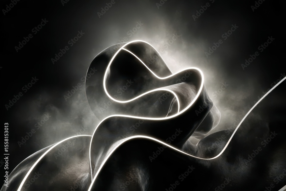 Poster a black and white image of a long, curving line with a glowing effect