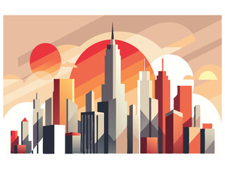 Obraz premium Stylized cityscape with geometric skyscrapers and a large sun during sunset isolated on white background 