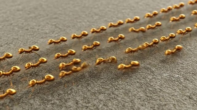 Golden ants march in parallel lines across a textured grey surface