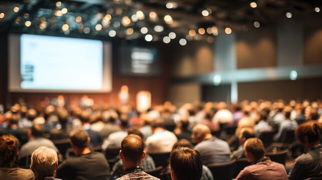 Tech professionals attentively listening to a keynote speaker on stage at modern conference hall. Business seminar, corporate training, professional education and career development concepts.
