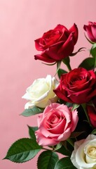 Fototapeta premium Stunning red and white rose arrangement, vibrant green foliage against a soft pink background , floral design, isolated