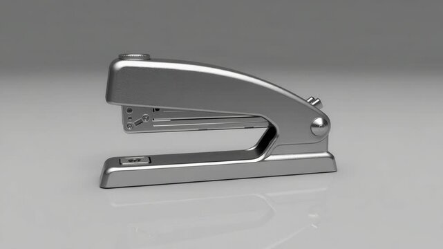 A metallic office stapler is positioned on a reflective gray surface with a neutral background.