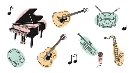 Musical Instruments Illustration Piano, Guitar, Drums, Saxophone