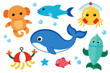 Cute vector nautical set. Children's illustrations on white background. Dolphin whale sea octopus seahorse crab shrimp seagull turtle isolated on white background