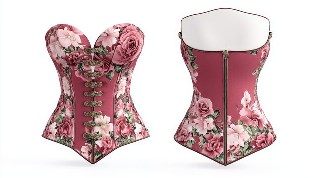 3D rendering of a blank wine floral dentelle bustier corset shown from front and back views on a white background, perfect for elegant and luxurious print branding mockups