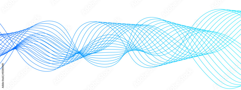 Poster Abstract wave design with a series of flowing, overlapping sinusoidal curves in a gradient. Clean white background, with wave line with sense of motion and fluidity. Sound waves or light frequencies