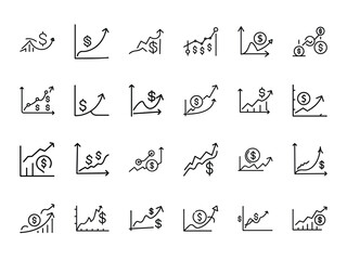 Vector Silhouettes of Financial Growth and Dollar Profit Charts – Money Trend, Stock Market, and Investment Graph Icons on White Background
