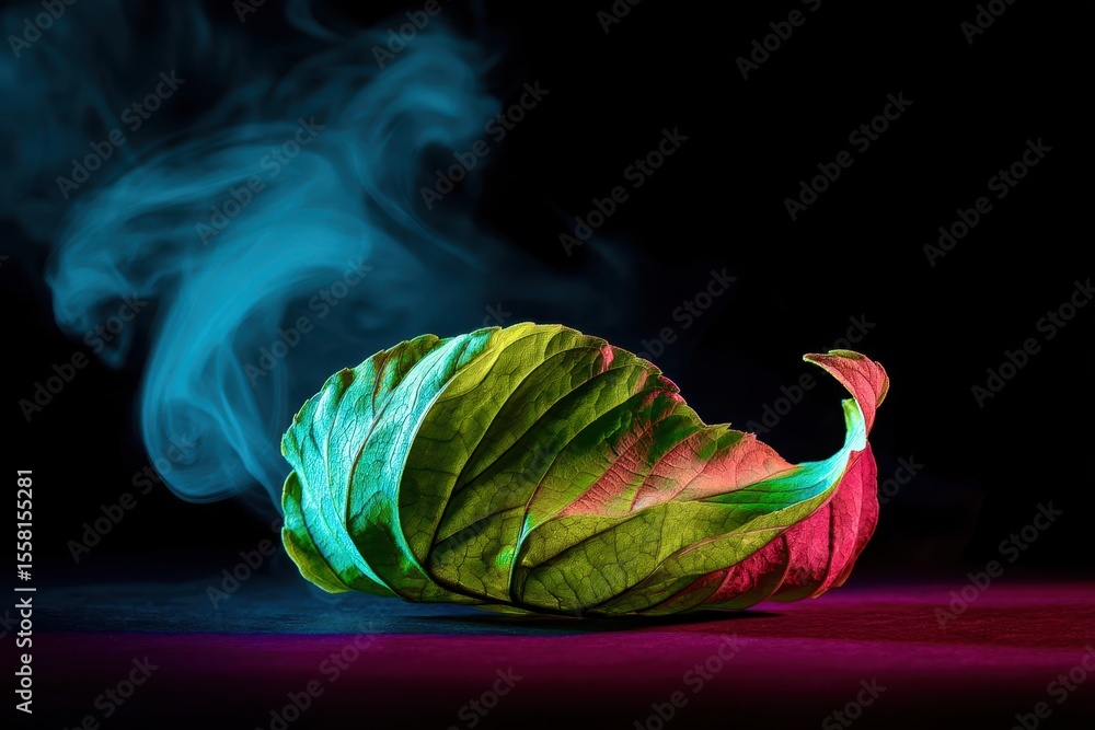 Poster a leaf is on a table with smoke in the background