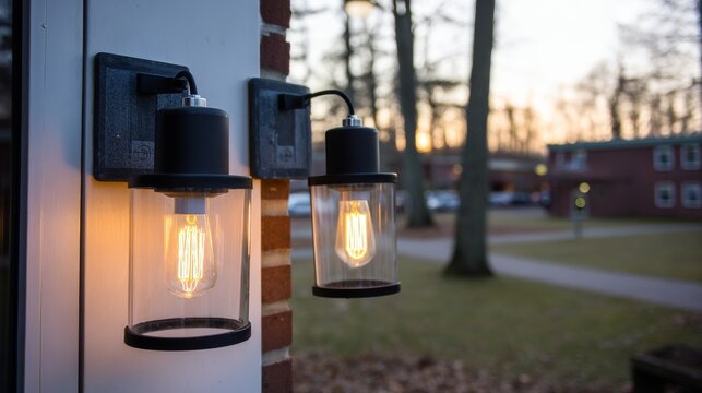 Outdoor wall-mounted light fixtures with clear glass enclosures, black tops and bases, glowing filament bulbs emitting warm yellow-orange light on a white and red-brick wall.