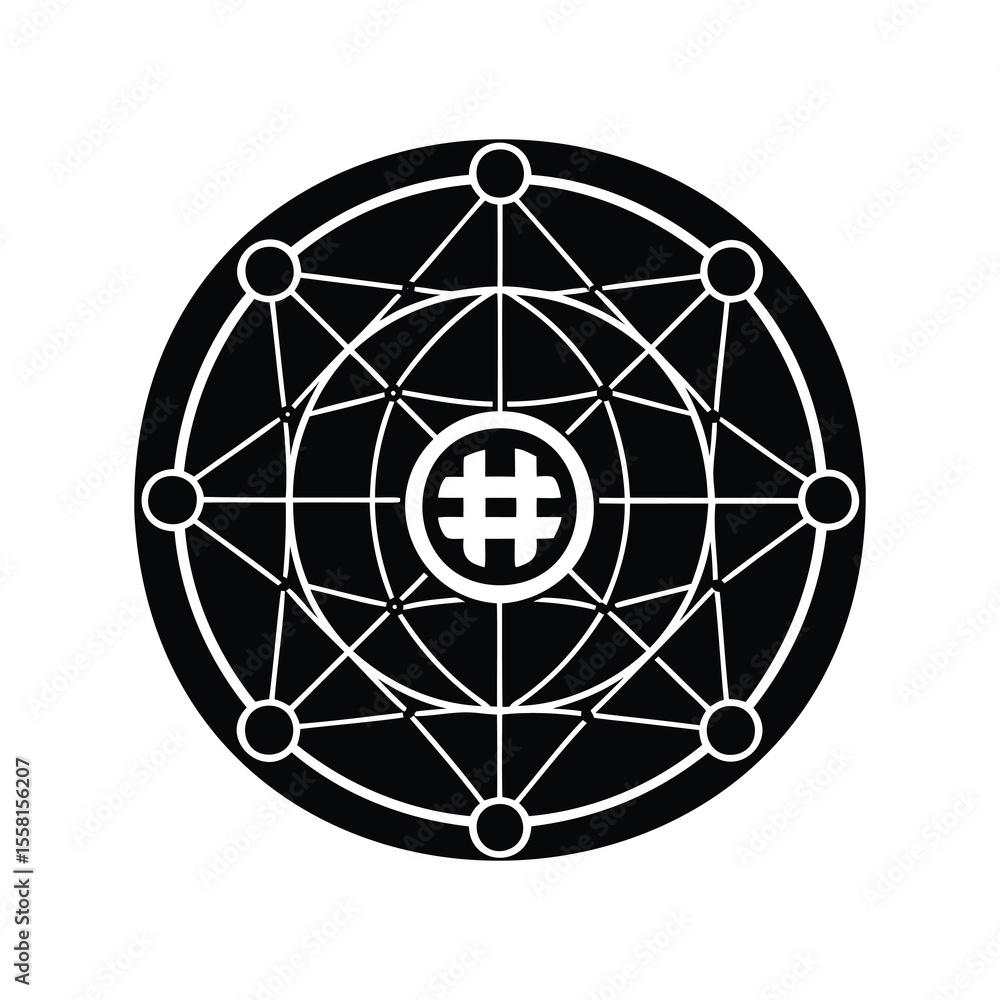 Poster geometric network structure with hashtag symbol, representing a complex global network