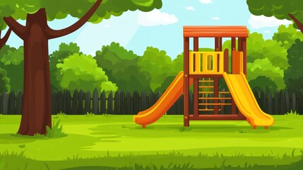 Cartoon Playground Scene: Bright Orange Slide, Green Grass, Sunny Day, Park.