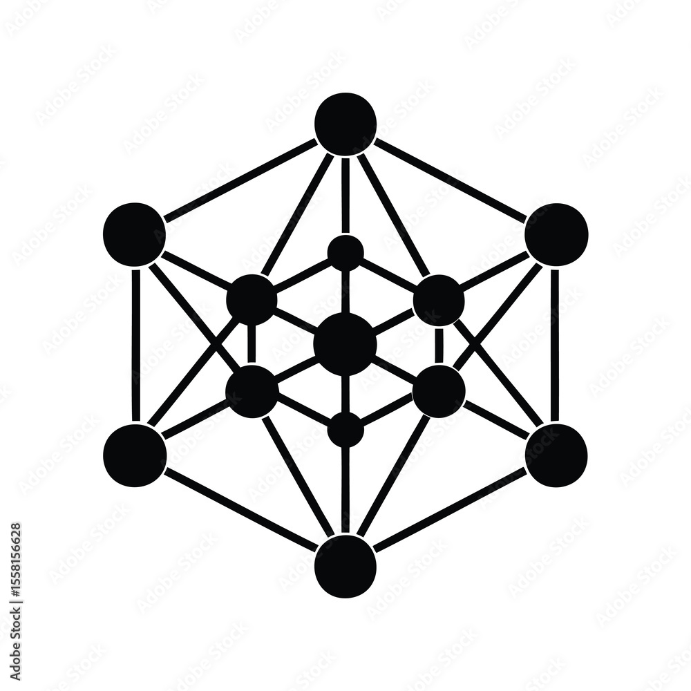Poster geometric structure composed of circles and lines, forming a threedimensional pattern