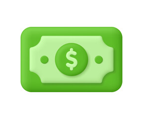 Green banknote with dollar symbol. Finance, business, income, savings, banking and investment concept. 3d vector icon. Cartoon minimal style.