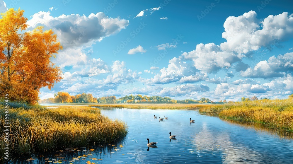 Aufkleber a natural riverside scene with geese exploring the grass near the waters edge, cloudy sky creating a