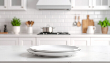 Fototapeta premium Close-up of an empty plate on a countertop against a blurry modern kitchen backdrop. A space with empty plates to hold food.