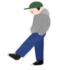 若いパーカーを着た男性が一人立って歩いているカラー手描きイラスト