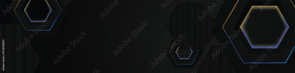 Poster black hexagon horizontal banner background with colorful shining light effect vector