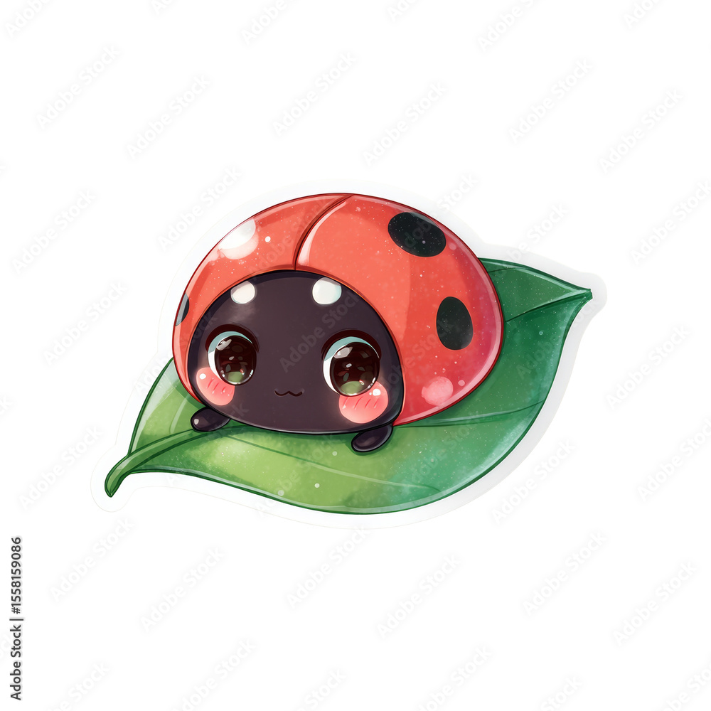 Aufkleber Charming ladybug character resting on a vibrant leaf with transparent surrounding area