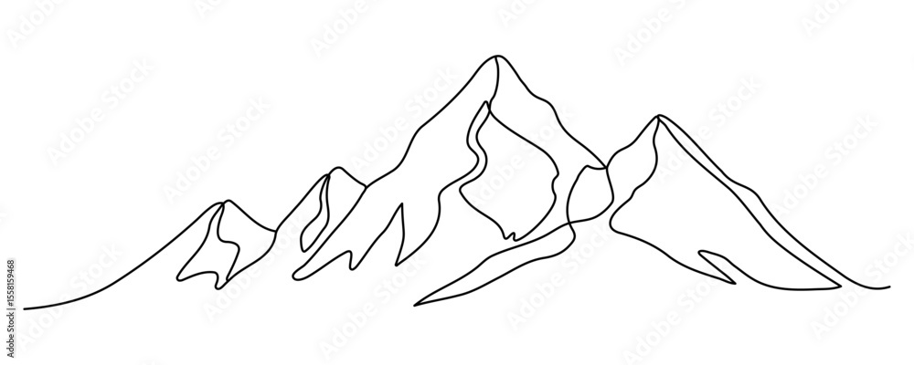 Wall mural one continuous line drawing of mountain silhouette range landscape. web banner with mounts in simple