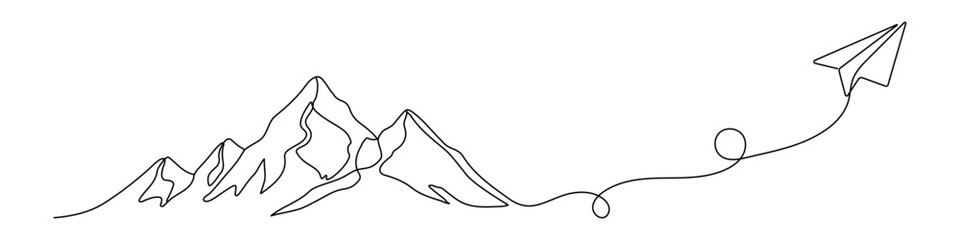 Paper plane and mountain in One Continuous line drawing. Minimalistic concept of world travel and international flight airline in simple linear style. Editable stroke.
