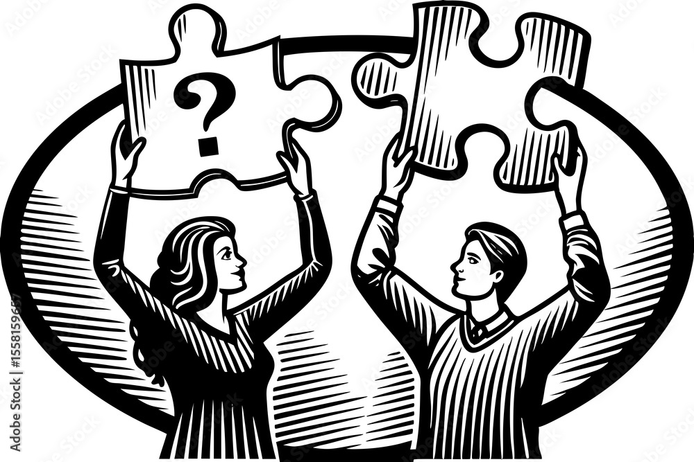 Poster two people holding puzzle pieces representing teamwork and problem solving a collaborative effort co